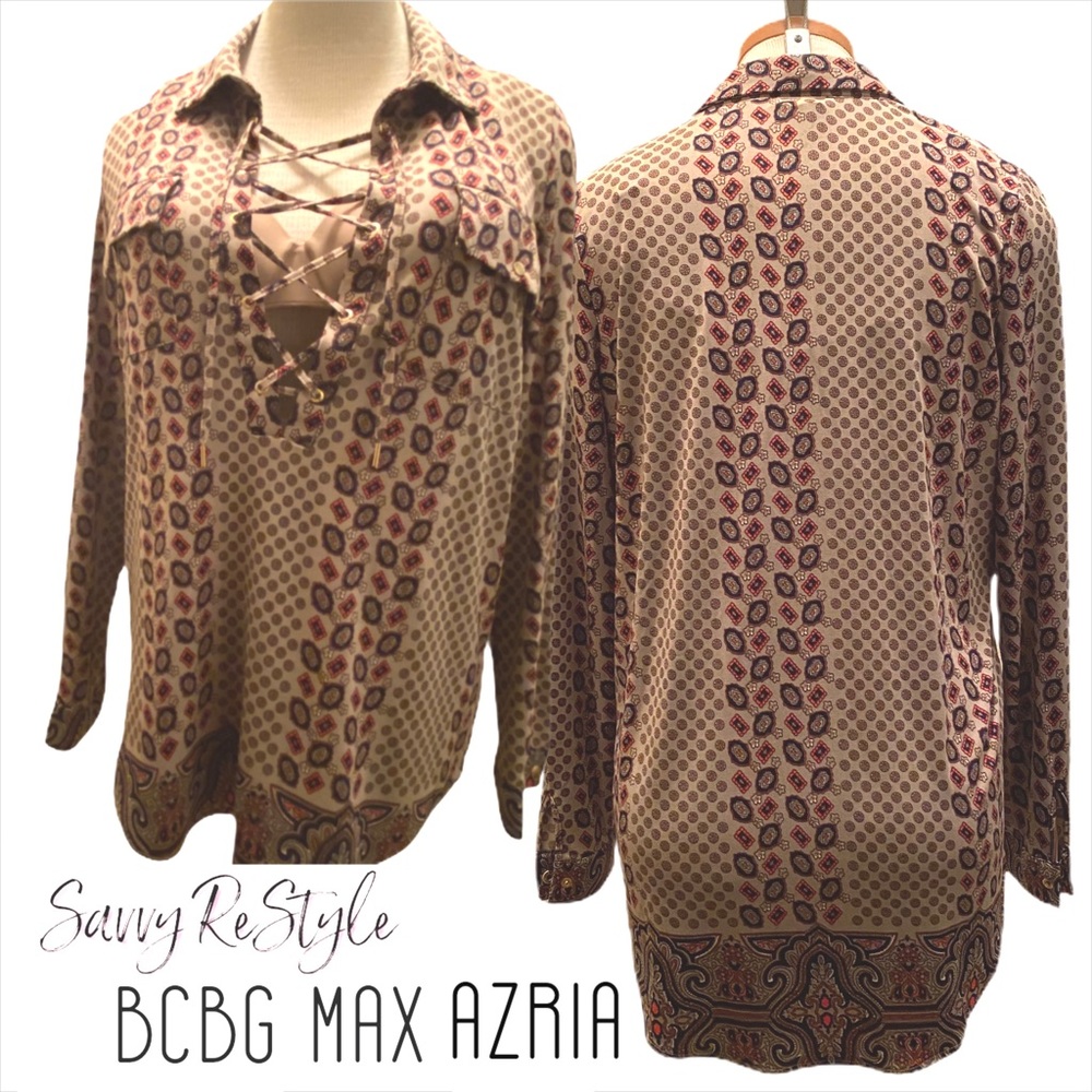 BCBG Max Azria Long Sleeve Drawstring Shirt Med